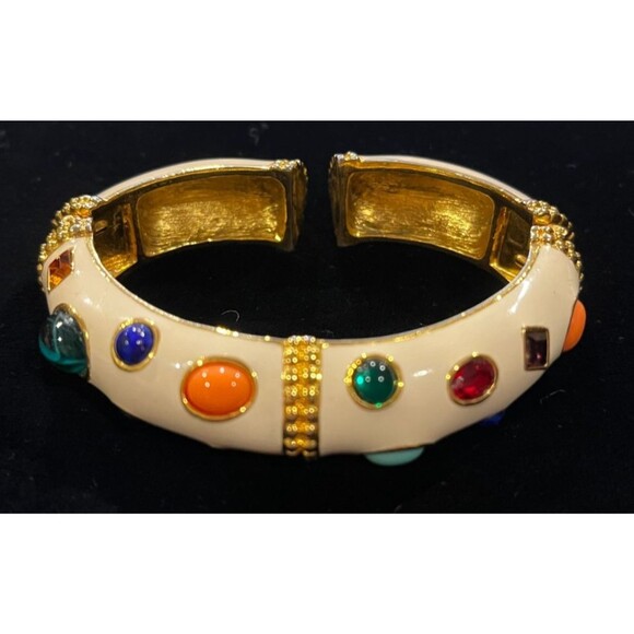 Signed KJL  Kenneth Jay Lane Ivory White Enamel MultiGem Cabochon Bangle Book Pc - Picture 1 of 11